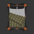 Elegant Four Poster Double Bed With Wooden Posts Black Canopy And Patterned Bedding