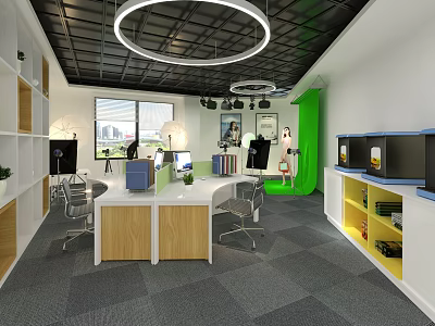 Modern Office Interior Featuring Wooden Desk Gray Chairs City View Window And Round Ceiling Lamp 3d model