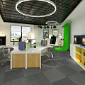 Modern Office Interior Featuring Wooden Desk Gray Chairs City View Window And Round Ceiling Lamp