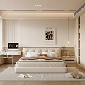 Modern Bedroom Interior With King Size Bed Nightstand Artwork Desk Chair And Rug