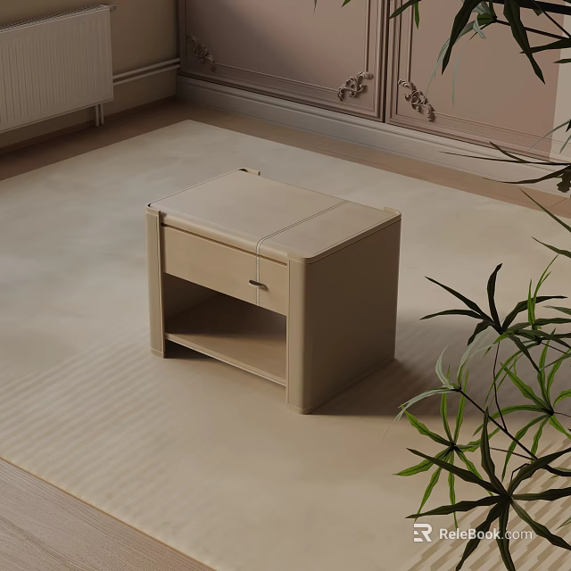 Modern Beige Bedside Table Design With Drawer And Green Plant On Bedroom Carpet 3d model 