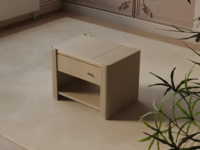 Modern Beige Bedside Table Design With Drawer And Green Plant On Bedroom Carpet 3d model