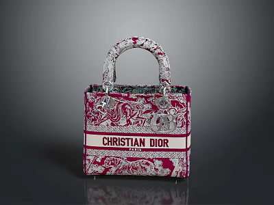 Christian Dior Red And White Floral Print Handbag With Structured Handle And Logo Stripe 3d model