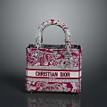 Christian Dior Red And White Floral Print Handbag With Structured Handle And Logo Stripe