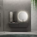 Minimalist Bathroom Washbasin Vanity With Round Illuminated Mirror And Grey Wall
