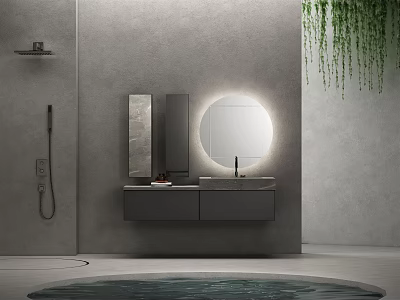 Minimalist Bathroom Washbasin Vanity With Round Illuminated Mirror And Grey Wall 3d model