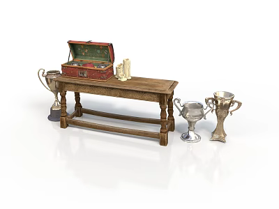 Rustic Wooden Table Display With Open Red Chest And Shiny Silver Trophies 3d model