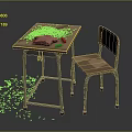 Wooden Student Desk And Chair With Metal Frame And Wood Shavings On Tabletop