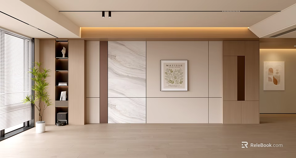 Modern Living Room Interior Design With Marble Wall Decorative Painting Bookshelf And Potted Plant 3d model 