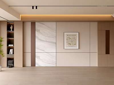 Modern Living Room Interior Design With Marble Wall Decorative Painting Bookshelf And Potted Plant 3d model