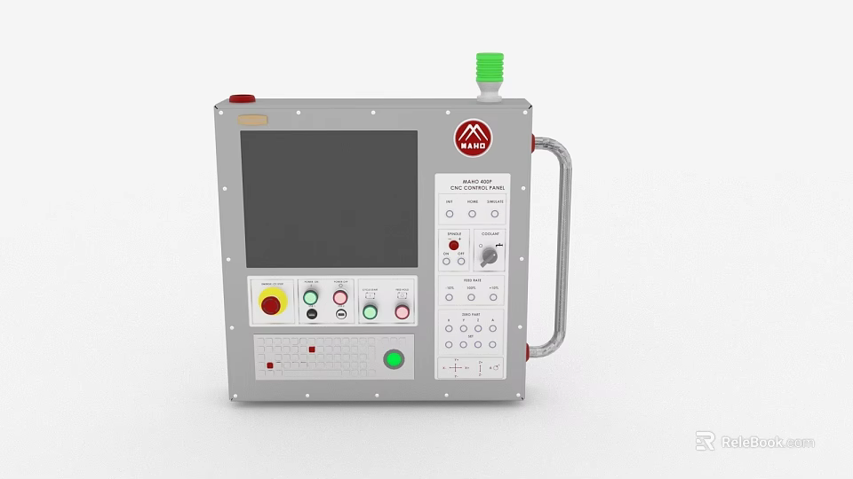 Industrial Control Panel with Large Display Colored Buttons Knob Metal Handle Green Top and Logo 3d model 