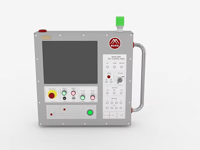 Industrial Control Panel with Large Display Colored Buttons Knob Metal Handle Green Top and Logo 3d model