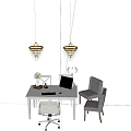 Modern Office Desk And Chairs Set With Laptop Lamp Vase And Chandeliers Interior
