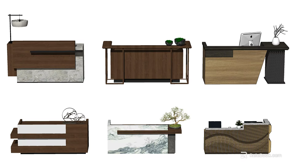 Various Modern Reception Desk Designs With Wooden Elements And Decorative Plants 3d model