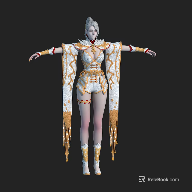 3D Female Character With White Hair In Elegant White Gold Costume And Decorative Tassels 3d model 