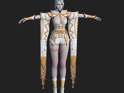3D Female Character With White Hair In Elegant White Gold Costume And Decorative Tassels 3d model