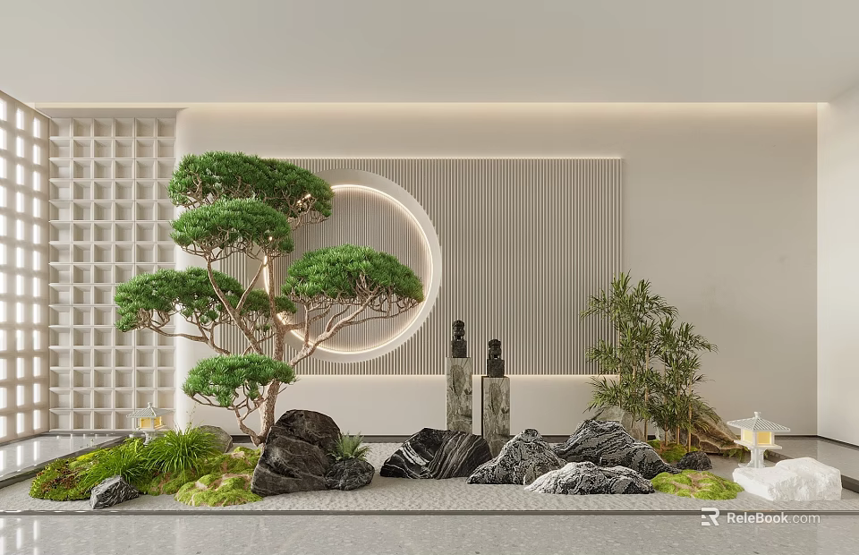 Modern Courtyard Garden With Pine Tree Circular Wall Rockery Stones Bamboo And Green Plants 3d model 