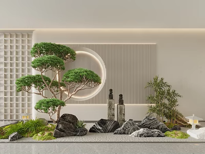 Modern Courtyard Garden With Pine Tree Circular Wall Rockery Stones Bamboo And Green Plants 3d model