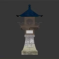 Traditional Japanese Stone Lantern With Blue Roof Wooden Railing And Stone Base