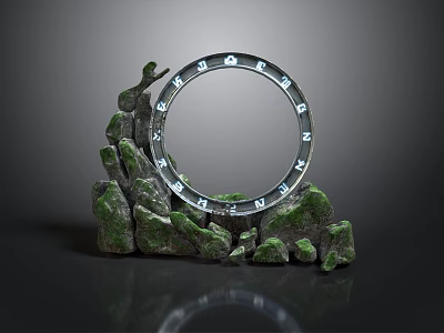 Moss Covered Rock Sculpture With Circular Clock Frame And Artistic Design 3d model