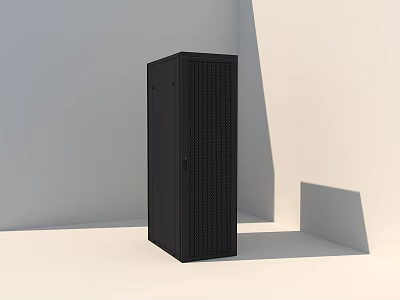 Black Computer Server Rack With Mesh Design In Minimalist White Room 3d model