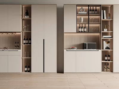 Modern Wine Cabinet With Tiered Shelves Wine Bottles Glassware And Decorative Items 3d model