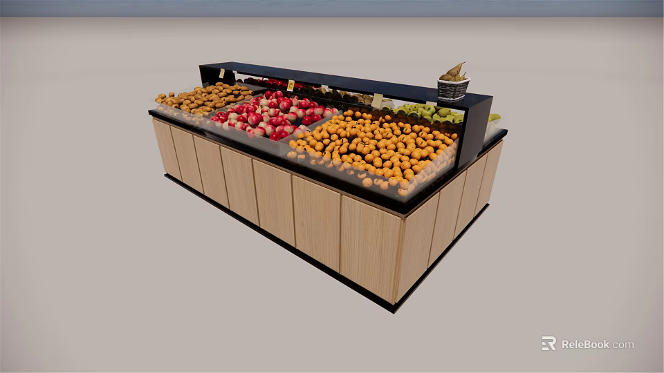Grocery Store Display Shelf With Wooden Cabinet And Assorted Fresh Fruits 3d model 
