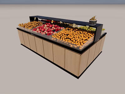 Grocery Store Display Shelf With Wooden Cabinet And Assorted Fresh Fruits 3d model