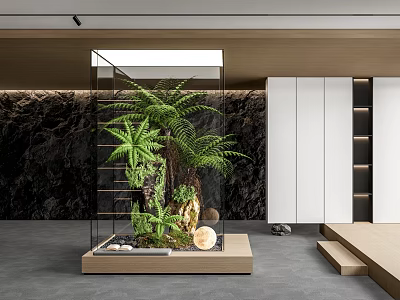Glass Enclosed Indoor Landscape Featuring Ferns Rocks Circular Light Dark Marble Wall And White Cabinets 3d model