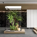 Glass Enclosed Indoor Landscape Featuring Ferns Rocks Circular Light Dark Marble Wall And White Cabinets