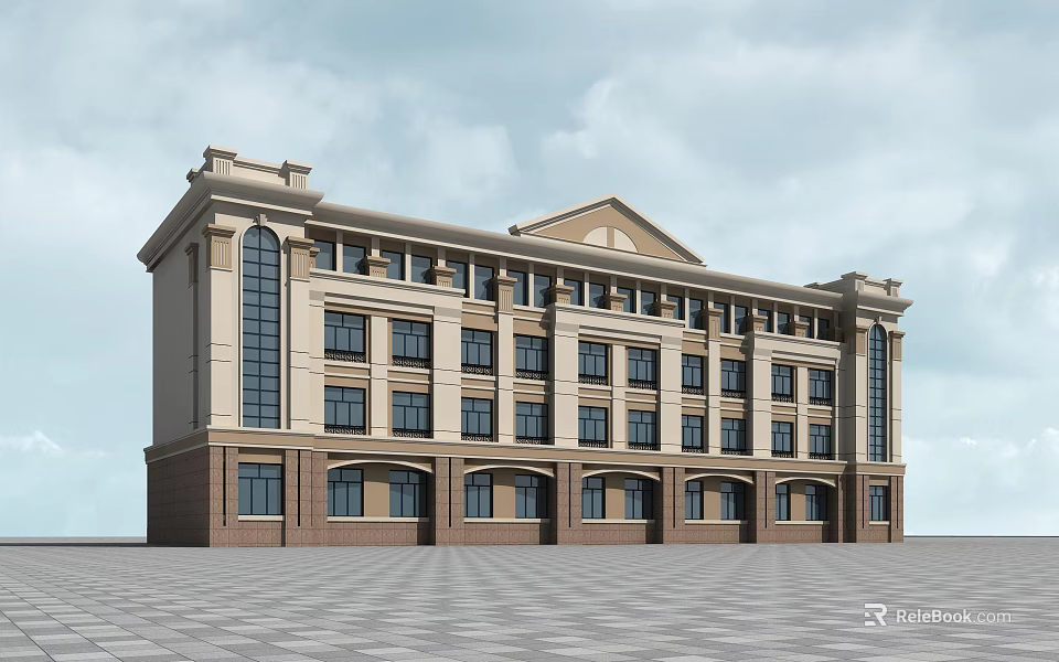 Multi Storey Classical Office Building With Symmetrical Design Large Windows Stone Base And Light Walls 3d model
