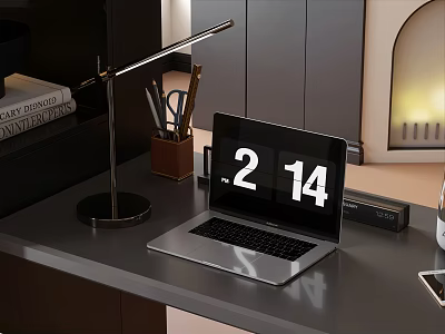 Modern Laptop On Desk With Lamp Pencils Scissors And Books For Home Office Workspace 3d model