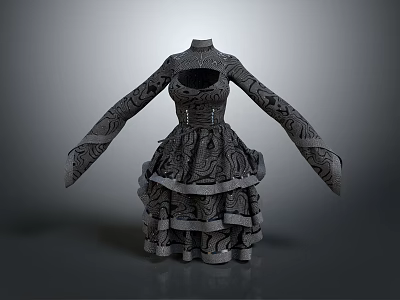 Vintage Elegant Dress With Intricate Patterns Long Sleeves High Waist And Ruffled Skirt 3d model