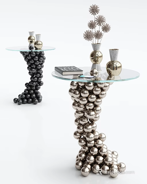Round Side Tables with Spherical Stacked Bases Glass Tops Black and Silver Modern Interior Decor 3d model 