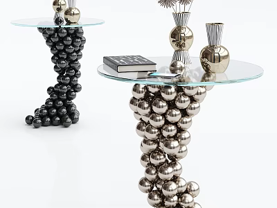Round Side Tables with Spherical Stacked Bases Glass Tops Black and Silver Modern Interior Decor 3d model