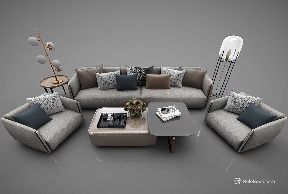 Modern Sofa And Coffee Table Set With Throw Pillows And Decorative Magazines 3d model 