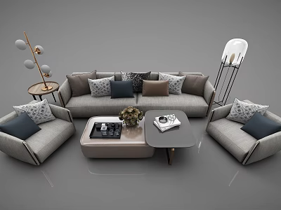 Modern Sofa And Coffee Table Set With Throw Pillows And Decorative Magazines 3d model