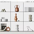 Modern Decorative Ornaments Set Featuring Geometric Shapes And Neutral Tones On White Grid Shelf
