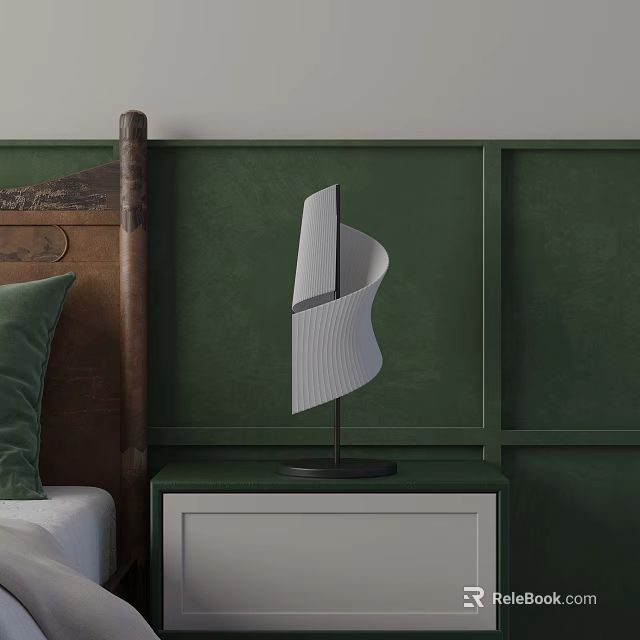 Modern Stylish Table Lamp on Green Nightstand with Wooden Headboard and Green Wall 3d model 