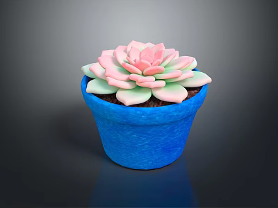 Decorative Succulent Plant in Blue Pot with Pink and Green Petals 3d model