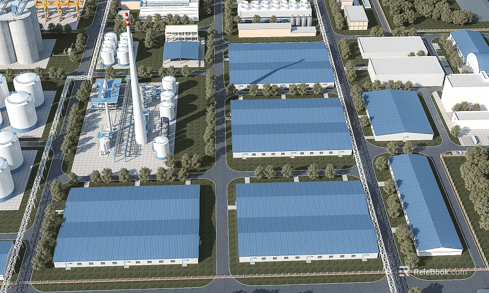 Industrial Factory Buildings With Blue Roofs Neatly Arranged Surrounded By Trees In Industrial Zone 3d model 