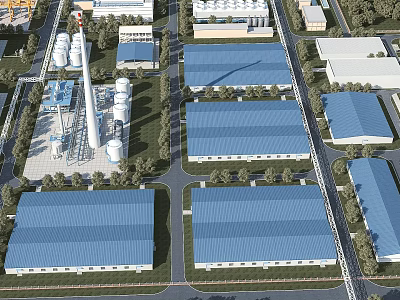 Industrial Factory Buildings With Blue Roofs Neatly Arranged Surrounded By Trees In Industrial Zone 3d model