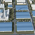 Industrial Factory Buildings With Blue Roofs Neatly Arranged Surrounded By Trees In Industrial Zone