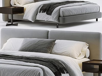 Modern Double Bed with Gray Headboard White Gray Pillows and Black Throw Blanket 3d model