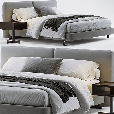 Modern Double Bed with Gray Headboard White Gray Pillows and Black Throw Blanket 3d model