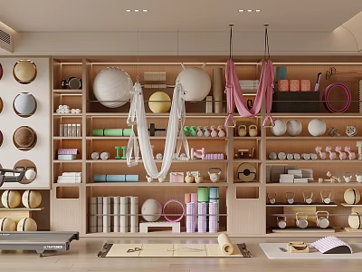 Fitness Studio Interior With Hanging Yoga Hammocks Exercise Balls Shelves Yoga Mats And Training Gear 3d model