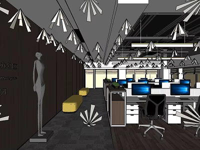 Modern Public Office Space With Desks Computers Ergonomic Chairs And Pendant Lights 3d model