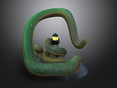 Enchanting Scenic Landscape With Green Tentacle Like Structure And Yellow Lantern Near Water 3d model