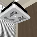 Ceiling Mounted Air Conditioner Fan In Indoor Space With Wooden Wall And Window Blinds
