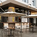 Modern Café Outdoor Seating Area With Umbrella Tables Bar Counter And Chairs
